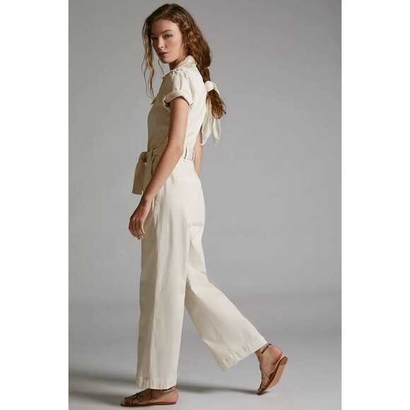 Maeve Anthropologie Jumpsuit Womens XL 12/14 White Belted Waist Collar Button Up - Picture 2 of 11